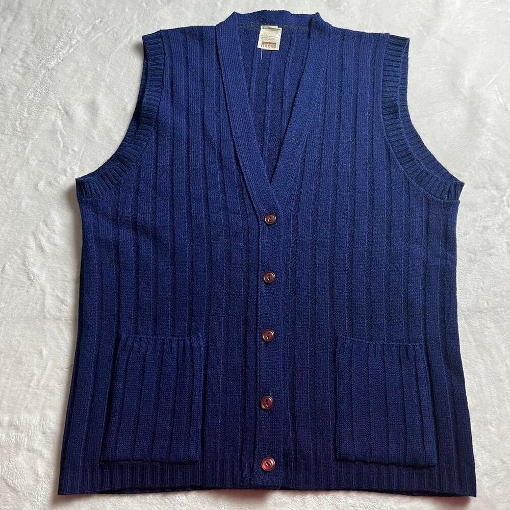 Montgomery Ward Vintage Cable Knit Sweater Acrylic Cardigan Vest Blue M/L